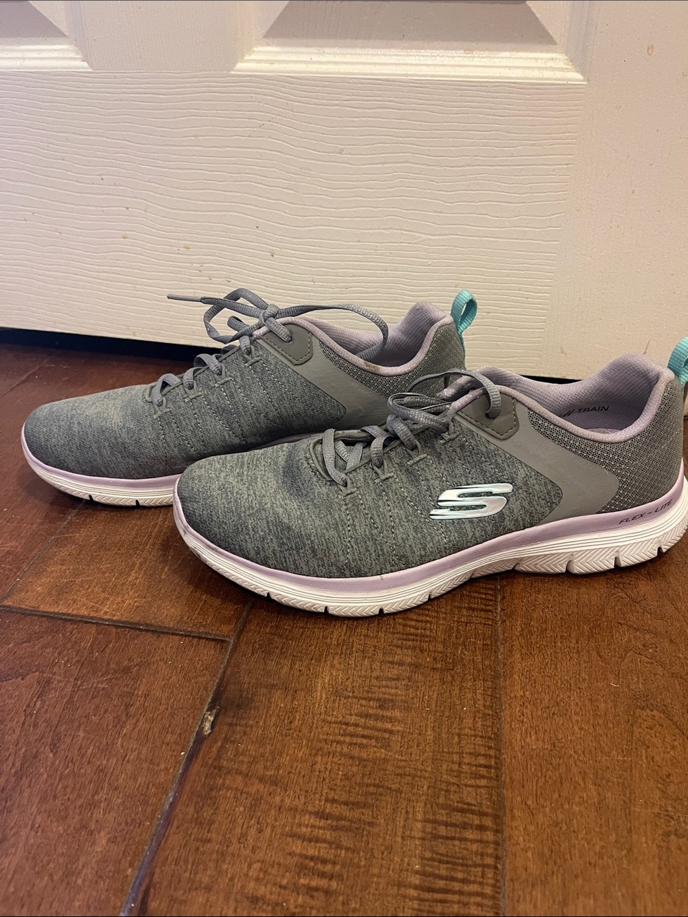 Skechers Women's Gray Athletic Sneakers with Light Pink and Teal Accents